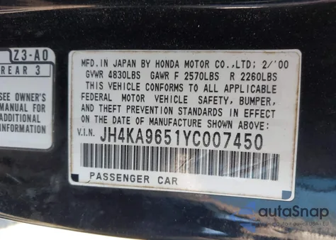 2000 Acura Rl 3.5 z USA, uszkodzony, nr VIN JH4KA9651YC007450